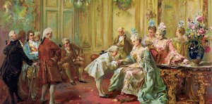 Wolfang Amadeus Mozart (1756-1791) u Madame (Marquise) de Pompadour (Mozartova rodina, během evropského turné) (1763-1766) - Akademické umění: Prezentace mladého Mozarta Madame de Pompadour ve Versailles v roce 1763 Paredesem, Vicente Gar od Vicente Garcia de Parades