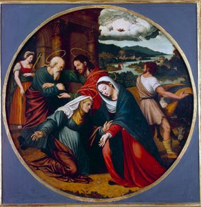 Prohlídka. Setkání Panny Marie a svaté Alžběty. V hloubi duše svatý Josef a Zachariáš. Obraz Juan Vincente Macip (1490-1550) Ec. Esp. od Vicente Juan (c.1510 79) Macip
