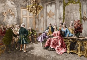 Wolfgang Amadeus Mozart (1756-1791) u Madame (Marquise) de Pompadour (Mozartova rodina, během turné po Evropě) (1763-1766). Rytina podle obrazu M. V. de Paredes. od Vicente de (after) Paredes
