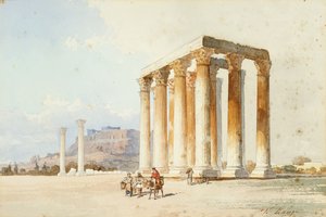 Diův chrám s Akropolí, Parthenon, Athény (akvarel a tělová barva) od Vicenzo Lanza