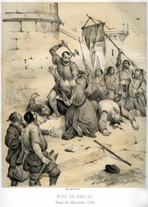 Zavraždění Etienna Marcela, bohatého kreslíře a kupeckého prevota (1316-1358), echovinem Jeanem Maillartem, jedním z vůdců roajalistické strany, v červenci 1358. Rytina od Victora Adama (1801-1866) v knize "Francie ve středověku" vydané v roce 1913. od Victor Adam