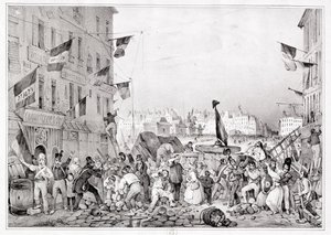 Barikáda v Rue Dauphine, 29. července 1830, vyryl H. Delaporte