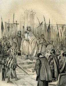 Korunovace Huga Kapeta (941-996) v Noyonu v roce 987. Tato korunovace znamenala počátek dynastie Kapetovců, francouzských králů, kteří se v přímém či nepřímém nástupnictví ujali vlády na 8 let. Rytina Viktora Adama (1801-1866) v knize "Francie v době od Victor Adam
