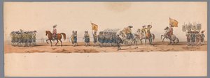 Historický průvod u druhého stého výročí Utrechtské univerzity aplikovaných věd, 1836 (deska 7) Přiblížení nizozemských armád k Ostende, 3. července 1600, den po vítězství u Nieuwpoortu; podle krojovaného znázornění udávaného H H Studentem od Victor Adam