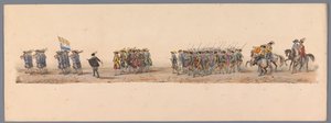 Historický průvod u druhého stého výročí Utrechtské univerzity aplikovaných věd, 1836 (deska 4) Přiblížení nizozemských armád k Ostende, 3. července 1600, den po vítězství u Nieuwpoortu; podle krojovaného znázornění udávaného H H Studentem od Victor Adam