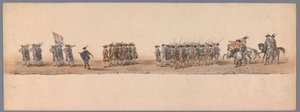 Historický průvod u druhého stého výročí Utrechtské univerzity aplikovaných věd, 1836 (deska 4) Přiblížení nizozemských armád k Ostende, 3. července 1600, den po vítězství u Nieuwpoortu; podle krojovaného znázornění udávaného H H Studentem od Victor Adam