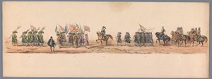 Historický průvod u druhého stého výročí Utrechtské univerzity aplikovaných věd, 1836 (deska 9) Přiblížení nizozemských armád k Ostende, 3. července 1600, den po vítězství u Nieuwpoortu; podle krojovaného znázornění udávaného H H Studentem od Victor Adam