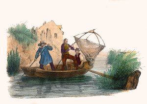 La Peche. v „“ Album Grotesque, Choices of Outstanding Types“, ilustrace Victor Adam, Paříž, kolem roku 1850.