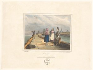 Dvě dívky a voják na přistávací ploše v Calais Calais (název na objektu) Kostýmy obyvatel přístavních měst (název série) Kostýmy námořníků, návrhy v přístavech (název série) od Victor Adam