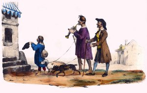 Dva slepci vedeni psy a žebravé dítě. V "Album Grotesque, Choices of Outstanding Types", ilustrace Victor Adam, Paříž, kolem roku 1850. od Victor Adam