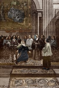 Affaire des posseses de Loudun (démoni de Loudun) kolem roku 1630: „Exorcismus posedlé matky představené kláštera voršilek knězem z Chinonu, Pierrem Barrem po událostech „Loudun the Possessions“, ilustrace pro posedlé Loudu