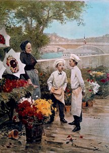 Mecenášský večírek Učni květinářství a květinářství na přístavišti. Rytina podle obrazu Victora Gabriela Gilberta (1847-1933) 19. století. Paříž, dekorativní umění