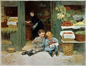 Prohlídka ho. Dítě jí toasty před potravinami jejich matky. Holčička má na kolenou panenku. Obraz Victora Gilberta (1847-1935). Paříž, dekorativní umění od Victor Gabriel Gilbert