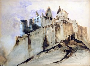 Zámek Vianden, 1871 (wc, pero a inkoust a mytí na papíře) od Victor Hugo