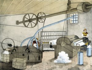 Mechanické předení - litho od Jansona. 19. století.