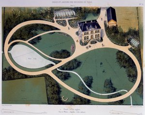 Velká anglická zahrada 6300 metrů čtverečních, ilustrace převzata z Parcs et Jardins des environs de Paris (Parky a zahrady kolem Paříže), ca 1850, litografie Victora Petita (1818-1871), Francie