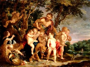 Bacchanal v zalesněné říční krajině (olej na mědi) od Victor Wolfvoet
