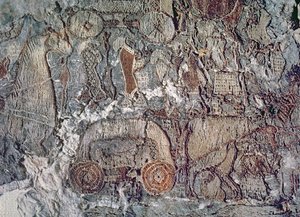 Detail zvířete táhnoucího vozík, z tapisérie nalezené u lodi Oseberg (textil)