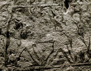 Mrtví jedoucí na Odinově koni, detail vikingského pohřebního kamene, 7.–8. století našeho letopočtu od Viking