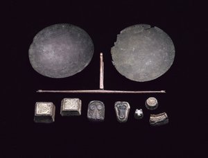 Kladina pro sadu vah, z pohřbu vikingské lodi v Kiloran Bay, Colonsay, Argyll, 875-925 AD (bronz)