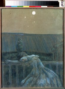 ""The Sorrow"" (Sorrow) Zoufalá mladá dívka opřená o zábradlí. Akvarel a pastel Viktor (Victor) Elpidiforovič Borisov-Musatov (Borisov Musatov) (1870-1905) (symbolismus) 1903 Státní muzeum historie a umění Serpukhov (Serpukhov).
