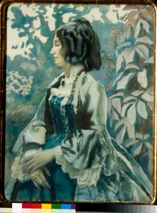 Portrét ženy, se zavřenýma očima, zamyšlená, v šatech z krinolíny - kresba Viktora (Victora) Elpidiforoviče Borisova-Musatova (Borisov Musatov) (1870-1905)