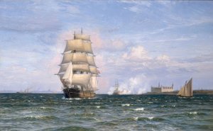 Dánská bárka před hradem Kronborg a Elsinore v dálce od Vilhelm Arnesen