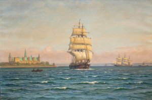 Plachetnice a trajekt u Kronborgu. od Vilhelm Arnesen