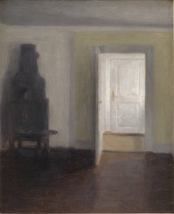 Interiér se starými kamny od Vilhelm Hammershoi