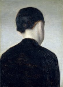 Sedící postava, při pohledu zezadu (Anna Hammershoi) 1884 (olej na plátně položeném na palubě)