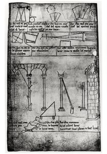 Ms.Fr.19093 fol.20v Geometrické obrazce pro stavbu, oblouky a muž měřící výšku věže (faksimile kopie)