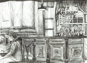 Cafe at the Royal Exchange, Manchester, 2011, ( Tuš na papíře) od Vincent Alexander Booth
