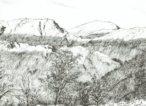 Dove Crag at Sunrise, 2003, (tuš na papíře) od Vincent Alexander Booth