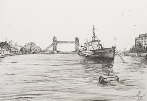 HMS Belfast na řece Temži Londýn, 2006, (Ink on Paper) od Vincent Alexander Booth