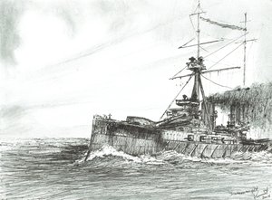 HMS Dreadnought na moři, 2017, (tuš na papíře) od Vincent Alexander Booth