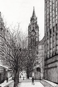 Manchesterská radnice z Deansgate, 2007, (inkoust na papíře) od Vincent Alexander Booth