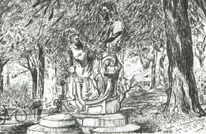 Socha v Jardin Luxembourg Paris, 2003, (inkoust na papíře) od Vincent Alexander Booth