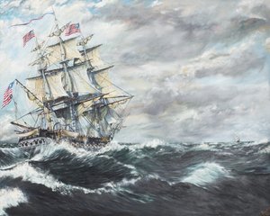 USS Constitution míří pro HM Fregate Guerriere 19081812, 2003, (olej na plátně)