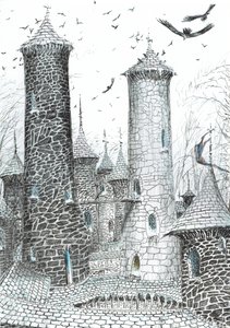 strana 9, Zámek v lese Findhorn, 2006, (tuš na papíře) od Vincent Alexander Booth