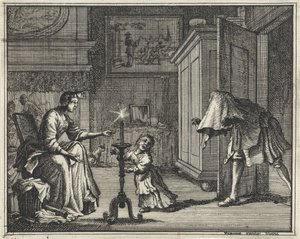 Otec děsí dítě v interiéru od Vincent Laurensz. van der Vinne (II)