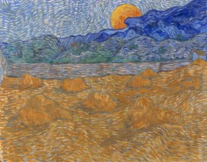 Krajina s pšeničnými snopy a vycházejícím měsícem od Vincent van Gogh