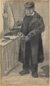 Muž leštící botu, 1882 (černá křída a šedá barva, s bílým zvýrazněním na tkaném papíře) od Vincent van Gogh