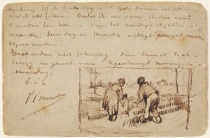 Pohlednice s kopáním dvou rolníků, 1885 (pero a hnědý inkoust na pohlednici) od Vincent van Gogh