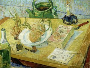 Zátiší s rýsovacím prknem, dýmkou, cibulí a pečetním voskem. 1889 od Vincent van Gogh