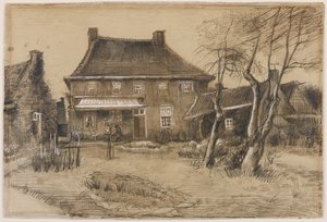Fara v Neunenu: Pohled zezadu, s uměleckým studiem vpravo, kolem roku 1884 (grafit, pero a hnědý inkoust, hnědá barva, zvýrazněno bílou na tkaném papíře) od Vincent van Gogh