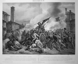 Bitva u Albergo della Campana u Mestre 27. října 1848 během obléhání Benátek v letech 1848-9 (litho) od Vincenzo (after) Giacomelli