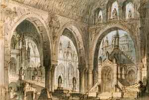 Scénografie Francesca Bagnara pro čtvrtou scénu Capuleti a Montecchi, operu Vincenza Belliniho (1801-1835), uvedenou v divadle La Fenice v Benátkách