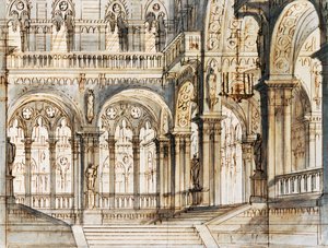 Scénografie Francesca Bagnara pro třetí scénu Capuleti a Montague, operu Vincenza Belliniho (1801-1835), uvedenou v divadle La Fenice v Benátkách