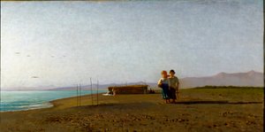 Pohled na pláž ve Viareggiu ranní slunce na toskánském pobřeží, dvě dětské siluety. Obraz Vincenza Cabianca (1827-1902)