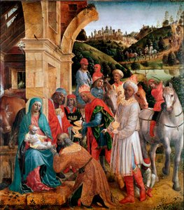 Klanění tří králů Obraz Vincenzo Foppa (asi 1427-1515) Ne. 239x210 cm Londýn, Národní galerie - Klanění králů, Vincenzo Foppa (asi 1427-asi 1515). Olej na topolu, 239x210 cm, cca 1500. Národní galerie, Londýn, Velká Británie